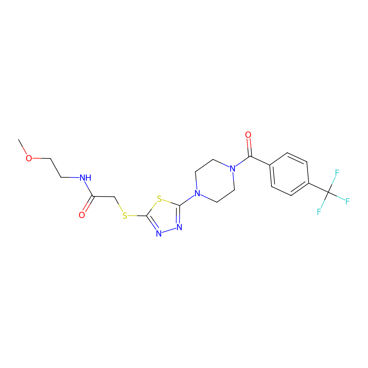 N-(2-methoxyethyl)-2-((5-(4-(4-(trifluoromethyl)benzoyl)piperazin-1-yl)-1,3,4-thiadiazol-2-yl)thio)acetamide molecular structure, CAS 1105201-20-4