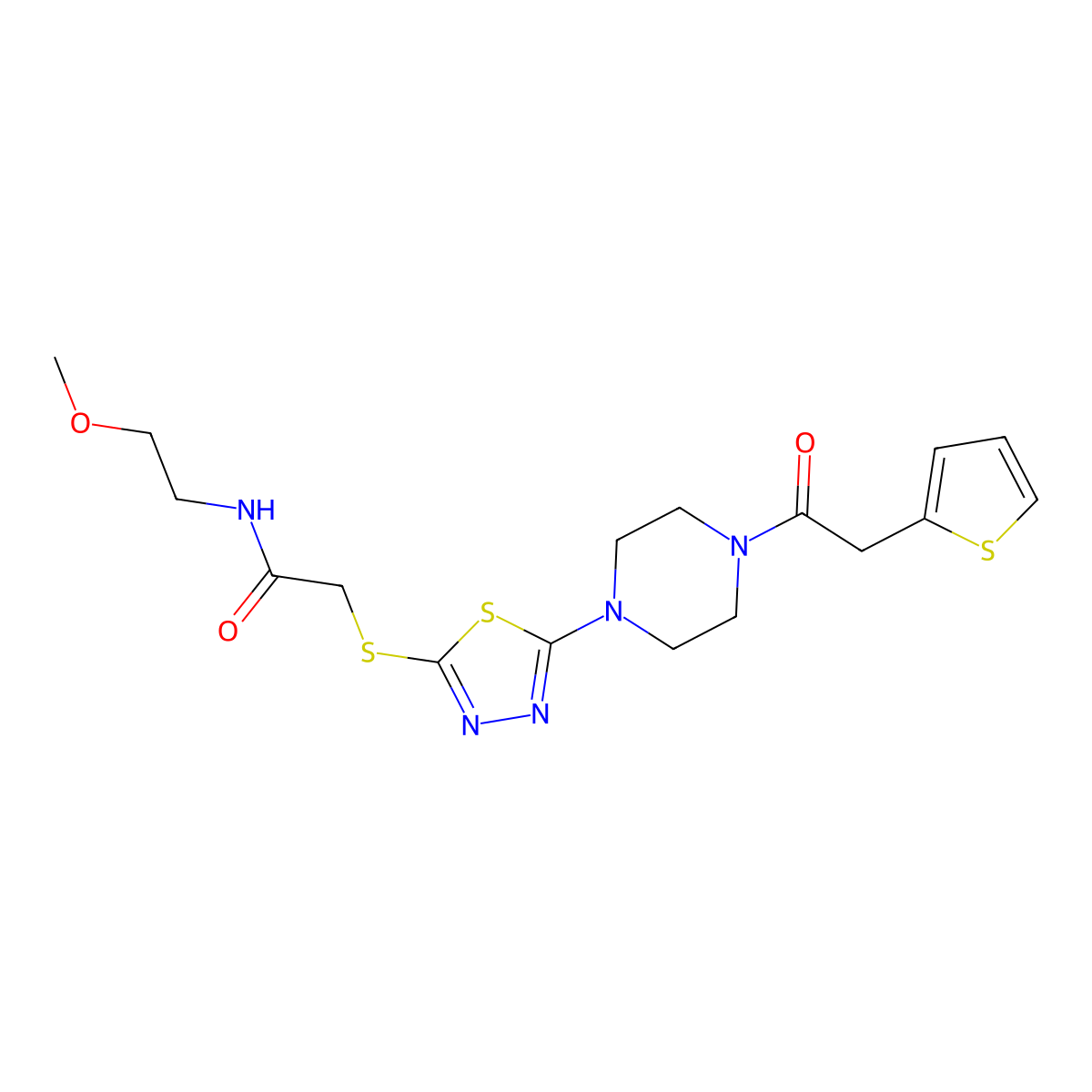 N-(2-methoxyethyl)-2-((5-(4-(2-(thiophen-2-yl)acetyl)piperazin-1-yl)-1,3,4-thiadiazol-2-yl)thio)acetamide molecular structure, CAS 1105201-28-2