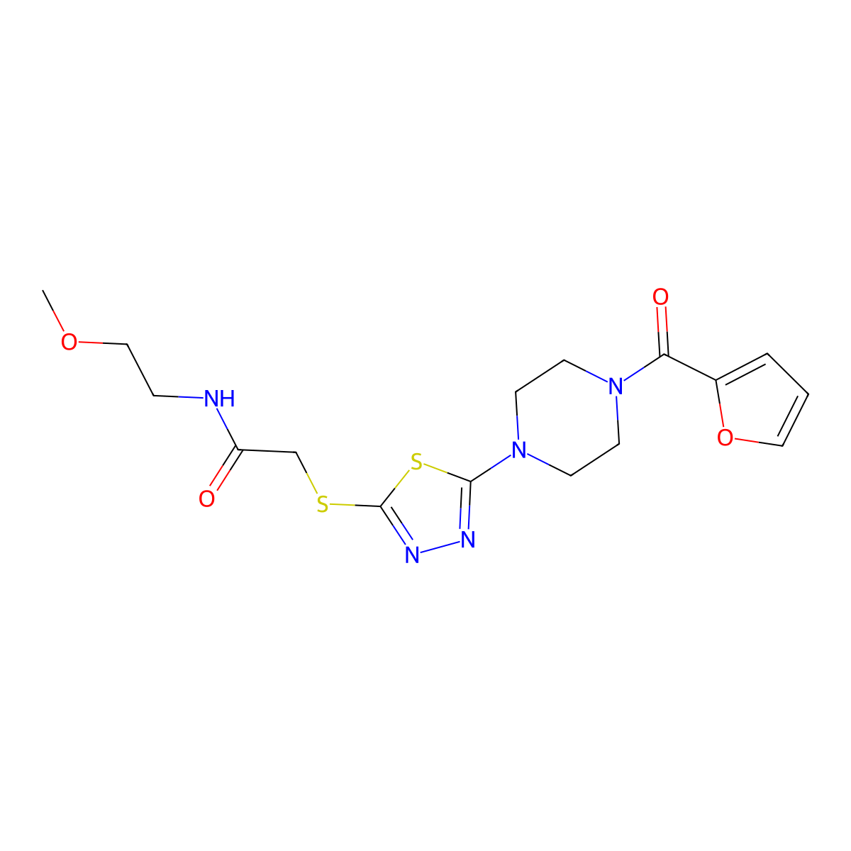 2-((5-(4-(furan-2-carbonyl)piperazin-1-yl)-1,3,4-thiadiazol-2-yl)thio)-N-(2-methoxyethyl)acetamide molecular structure, CAS 1105201-36-2