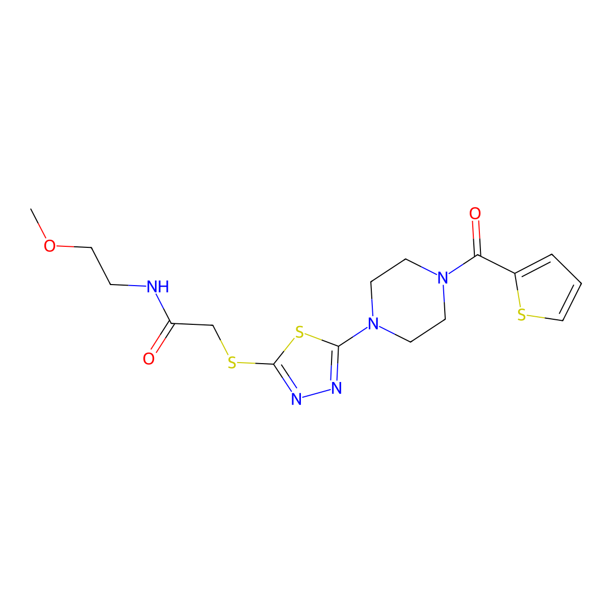 N-(2-methoxyethyl)-2-((5-(4-(thiophene-2-carbonyl)piperazin-1-yl)-1,3,4-thiadiazol-2-yl)thio)acetamide molecular structure, CAS 1105201-44-2