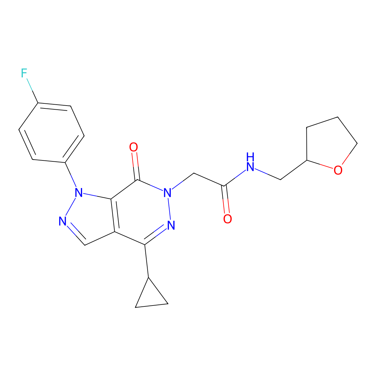 2-(4-cyclopropyl-1-(4-fluorophenyl)-7-oxo-1H-pyrazolo[3,4-d]pyridazin-6(7H)-yl)-N-((tetrahydrofuran-2-yl)methyl)acetamide molecular structure, CAS 1105201-51-1