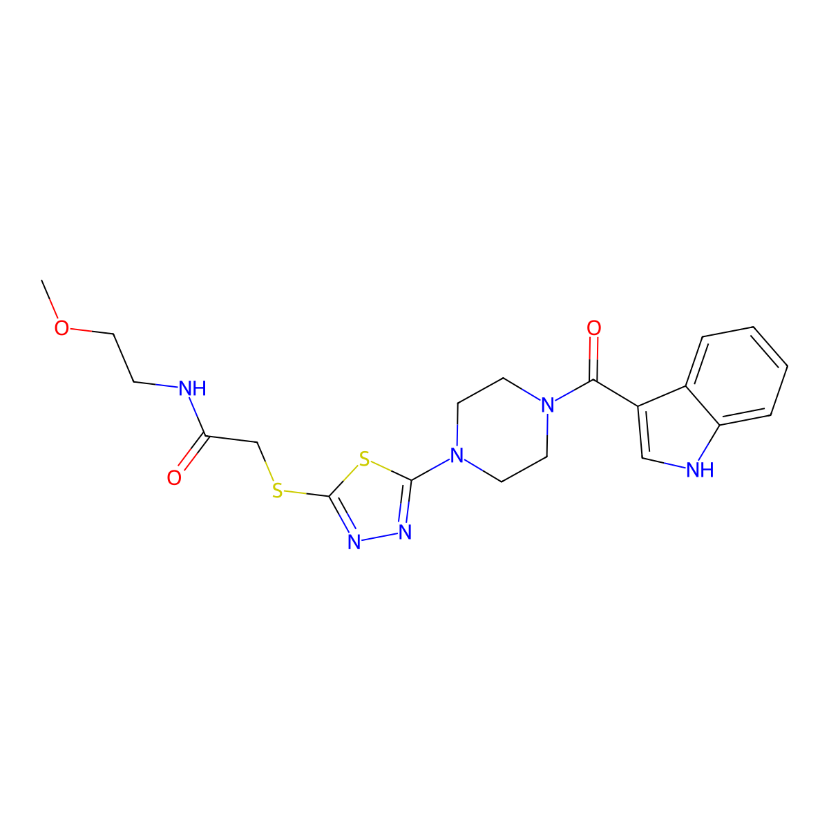 2-((5-(4-(1H-indole-3-carbonyl)piperazin-1-yl)-1,3,4-thiadiazol-2-yl)thio)-N-(2-methoxyethyl)acetamide molecular structure, CAS 1105201-52-2