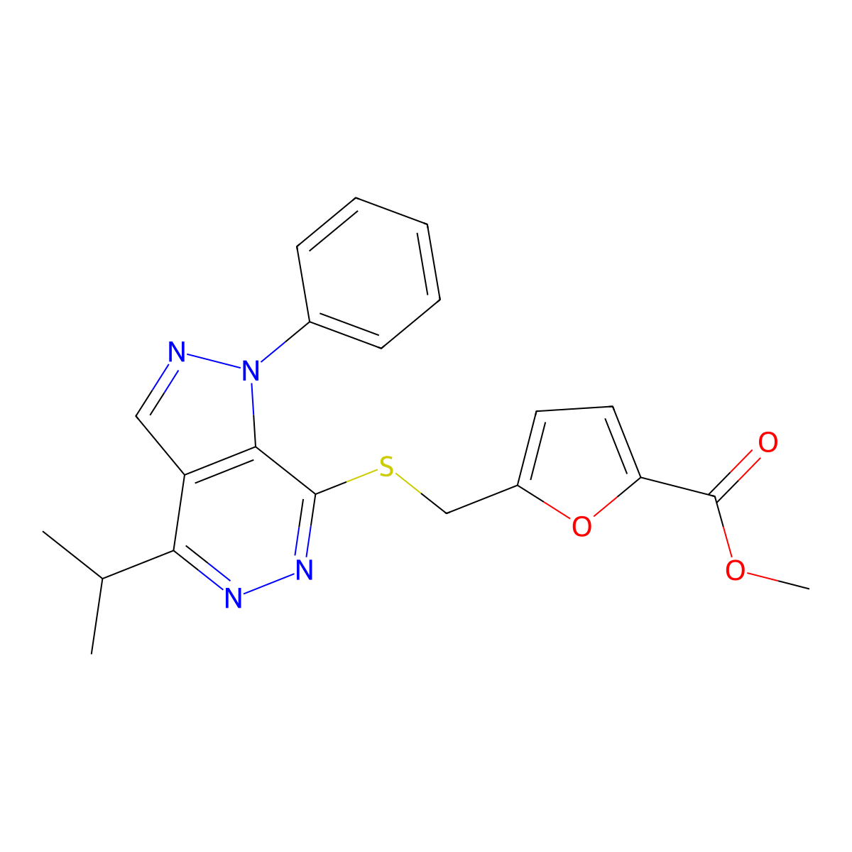 methyl 5-(((4-isopropyl-1-phenyl-1H-pyrazolo[3,4-d]pyridazin-7-yl)thio)methyl)furan-2-carboxylate molecular structure, CAS 1105201-58-8