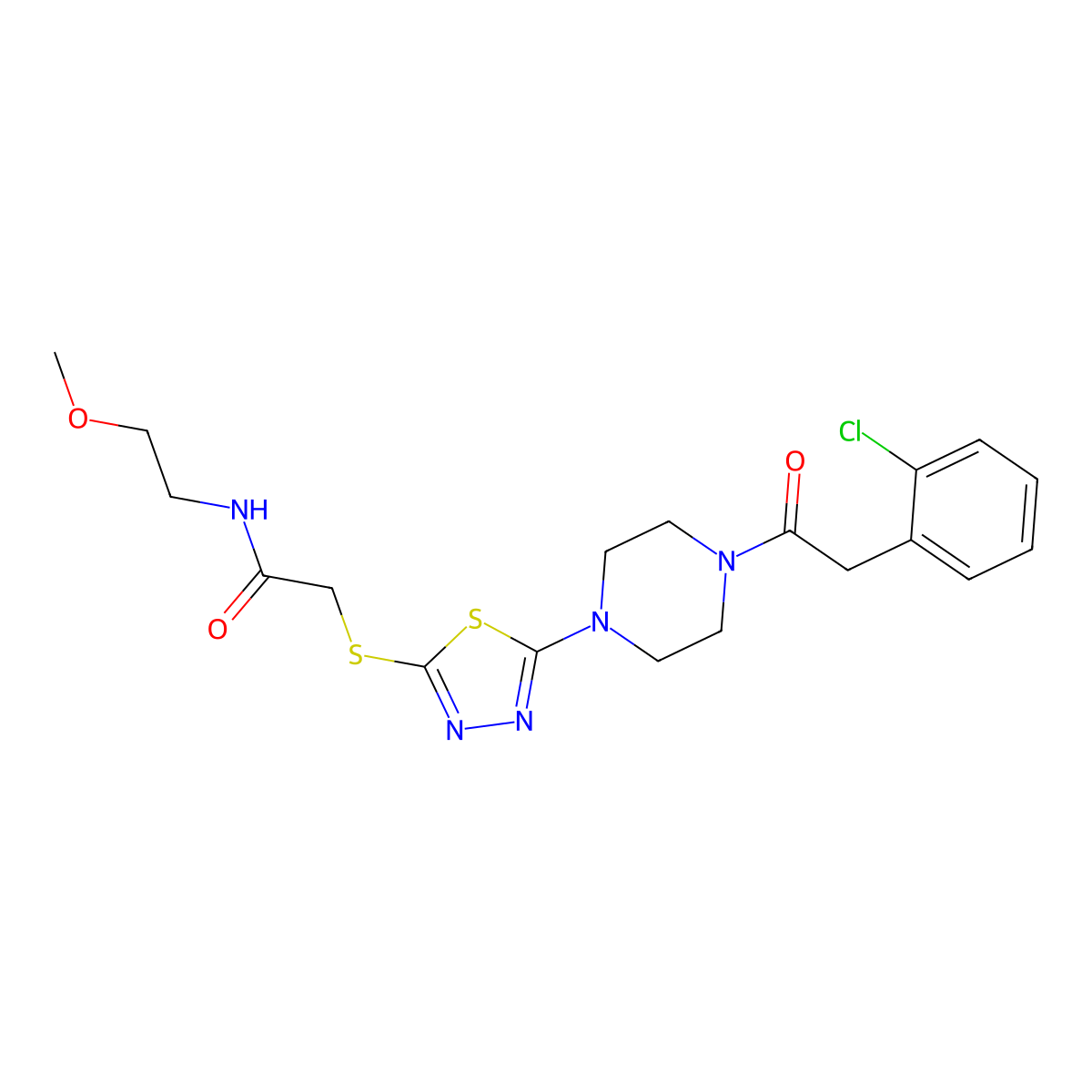 2-((5-(4-(2-(2-chlorophenyl)acetyl)piperazin-1-yl)-1,3,4-thiadiazol-2-yl)thio)-N-(2-methoxyethyl)acetamide molecular structure, CAS 1105201-60-2