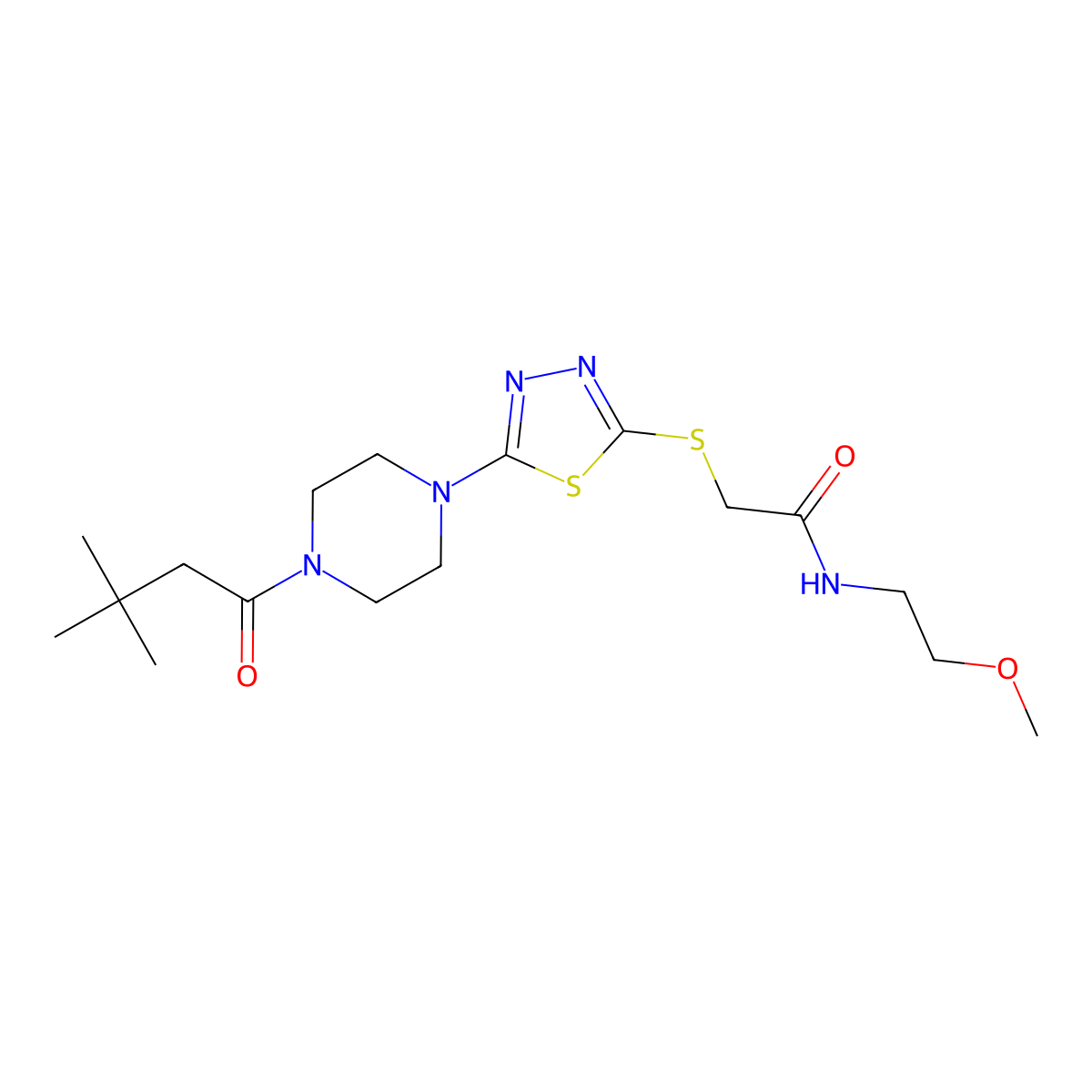 2-((5-(4-(3,3-dimethylbutanoyl)piperazin-1-yl)-1,3,4-thiadiazol-2-yl)thio)-N-(2-methoxyethyl)acetamide molecular structure, CAS 1105201-68-0