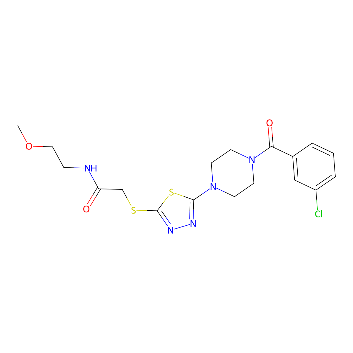 2-((5-(4-(3-chlorobenzoyl)piperazin-1-yl)-1,3,4-thiadiazol-2-yl)thio)-N-(2-methoxyethyl)acetamide molecular structure, CAS 1105201-76-0