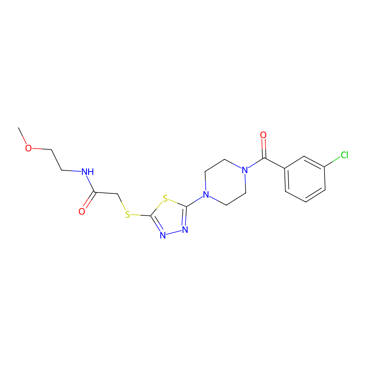 2-((5-(4-(3-chlorobenzoyl)piperazin-1-yl)-1,3,4-thiadiazol-2-yl)thio)-N-(2-methoxyethyl)acetamide molecular structure, CAS 1105201-76-0