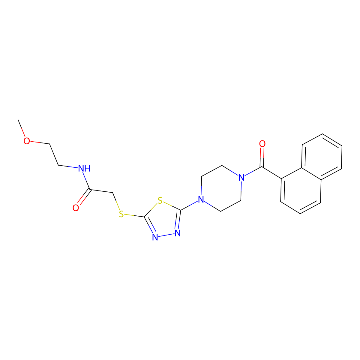 2-((5-(4-(1-naphthoyl)piperazin-1-yl)-1,3,4-thiadiazol-2-yl)thio)-N-(2-methoxyethyl)acetamide molecular structure, CAS 1105201-84-0