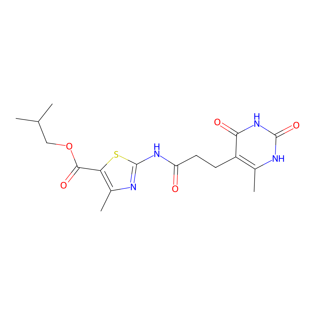 Isobutyl 4-methyl-2-(3-(6-methyl-2,4-dioxo-1,2,3,4-tetrahydropyrimidin-5-yl)propanamido)thiazole-5-carboxylate molecular structure, CAS 1105202-21-8