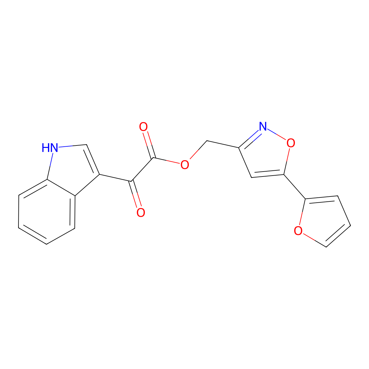 (5-(furan-2-yl)isoxazol-3-yl)methyl 2-(1H-indol-3-yl)-2-oxoacetate molecular structure, CAS 1105202-32-1