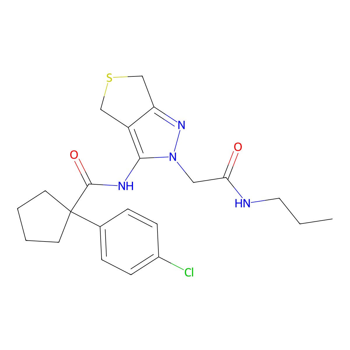 1-(4-chlorophenyl)-N-(2-(2-oxo-2-(propylamino)ethyl)-4,6-dihydro-2H-thieno[3,4-c]pyrazol-3-yl)cyclopentanecarboxamide molecular structure, CAS 1105202-52-5