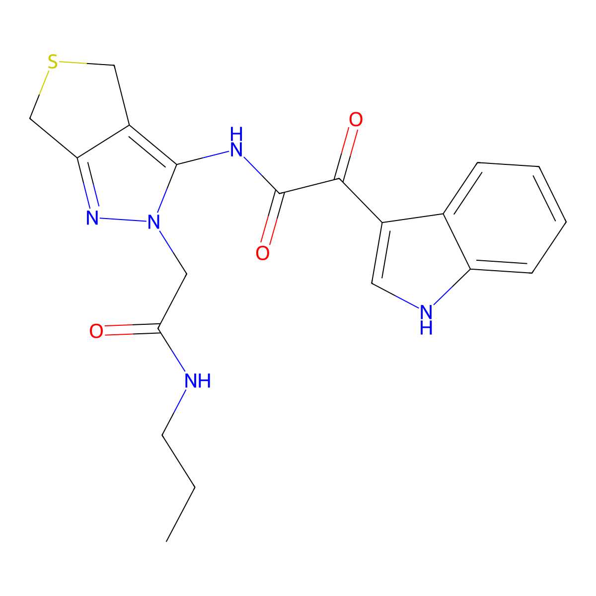 2-(1H-indol-3-yl)-2-oxo-N-(2-(2-oxo-2-(propylamino)ethyl)-4,6-dihydro-2H-thieno[3,4-c]pyrazol-3-yl)acetamide molecular structure, CAS 1105202-66-1