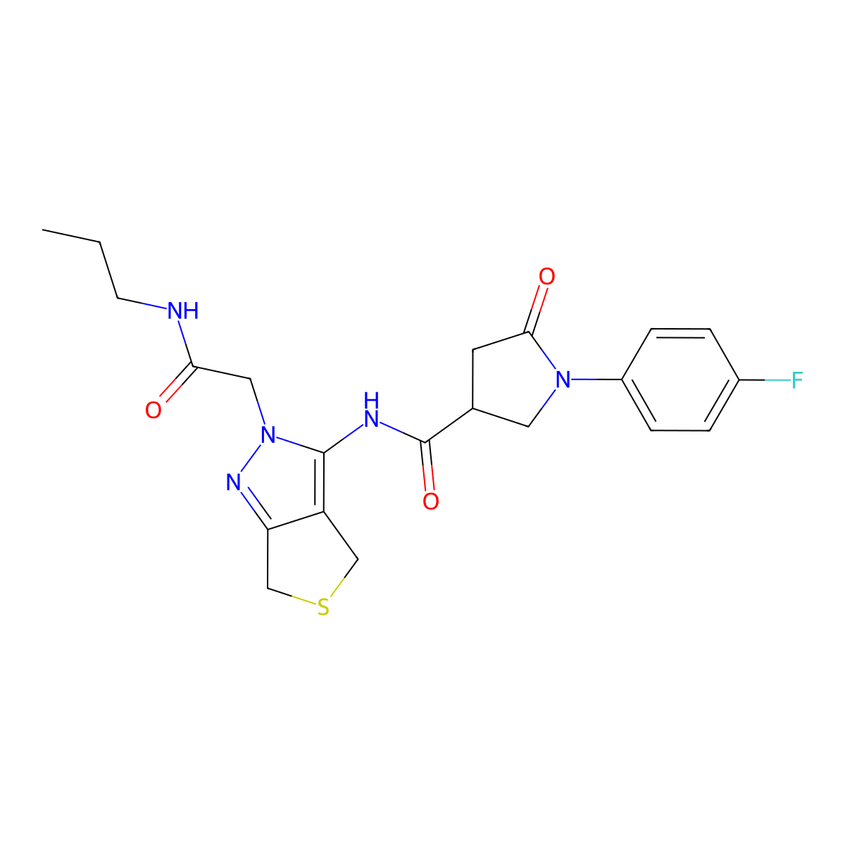 1-(4-fluorophenyl)-5-oxo-N-(2-(2-oxo-2-(propylamino)ethyl)-4,6-dihydro-2H-thieno[3,4-c]pyrazol-3-yl)pyrrolidine-3-carboxamide molecular structure, CAS 1105202-73-0