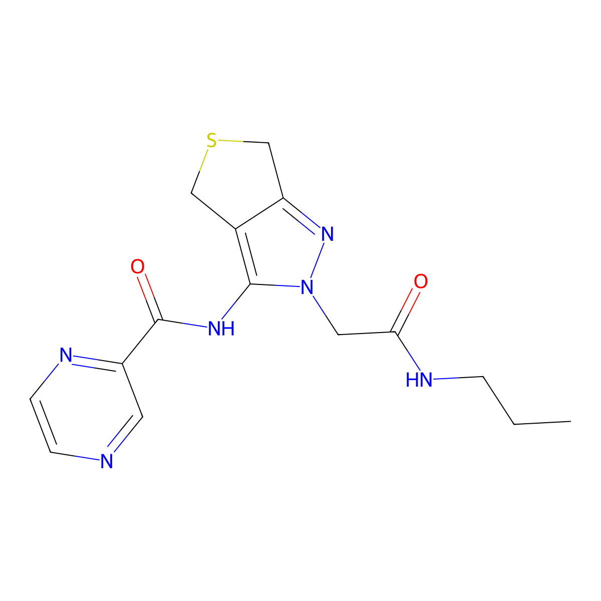 N-(2-(2-oxo-2-(propylamino)ethyl)-4,6-dihydro-2H-thieno[3,4-c]pyrazol-3-yl)pyrazine-2-carboxamide molecular structure, CAS 1105202-94-5
