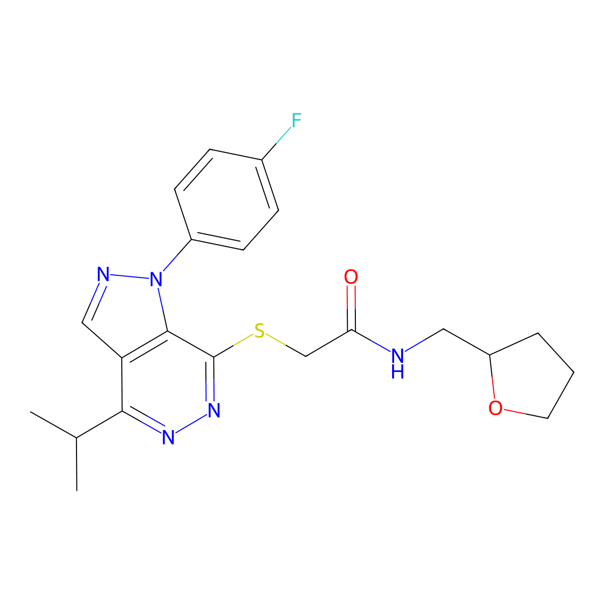 2-((1-(4-fluorophenyl)-4-isopropyl-1H-pyrazolo[3,4-d]pyridazin-7-yl)thio)-N-((tetrahydrofuran-2-yl)methyl)acetamide molecular structure, CAS 1105202-96-7