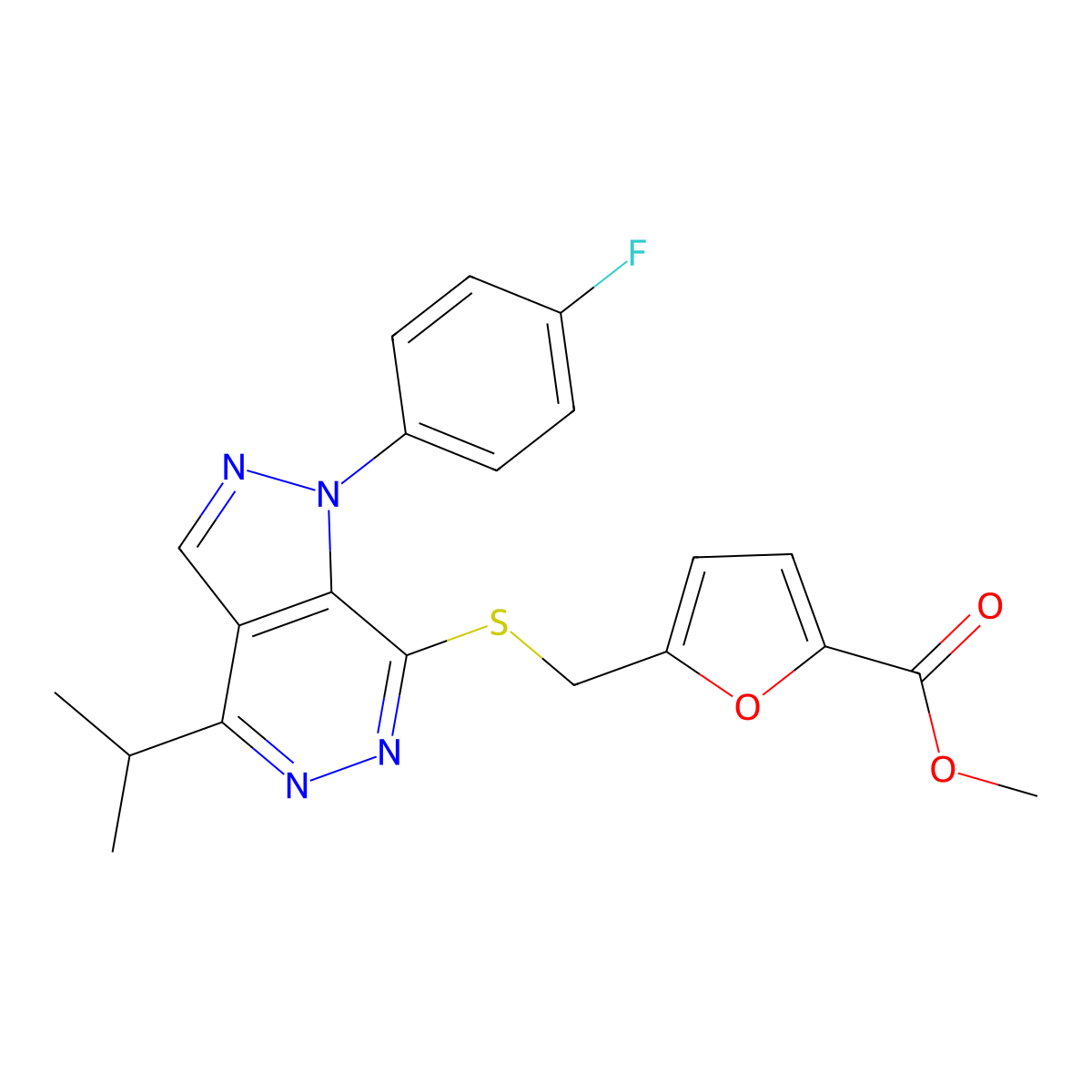 methyl 5-(((1-(4-fluorophenyl)-4-isopropyl-1H-pyrazolo[3,4-d]pyridazin-7-yl)thio)methyl)furan-2-carboxylate molecular structure, CAS 1105203-03-9