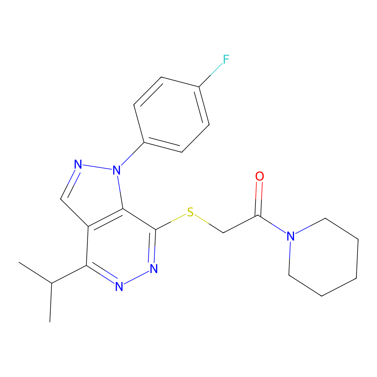 2-((1-(4-fluorophenyl)-4-isopropyl-1H-pyrazolo[3,4-d]pyridazin-7-yl)thio)-1-(piperidin-1-yl)ethanone molecular structure, CAS 1105203-10-8