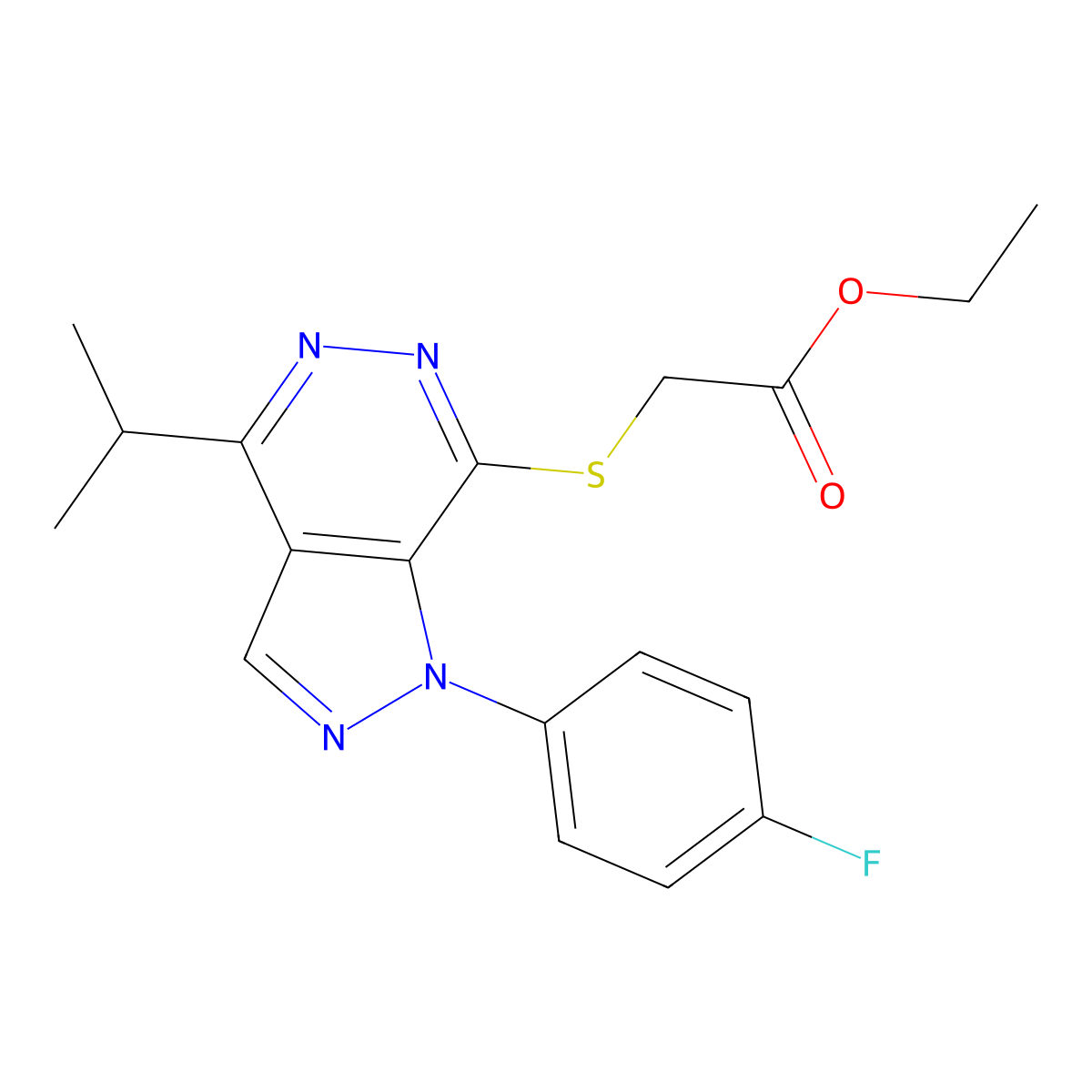 ethyl 2-((1-(4-fluorophenyl)-4-isopropyl-1H-pyrazolo[3,4-d]pyridazin-7-yl)thio)acetate molecular structure, CAS 1105203-24-4