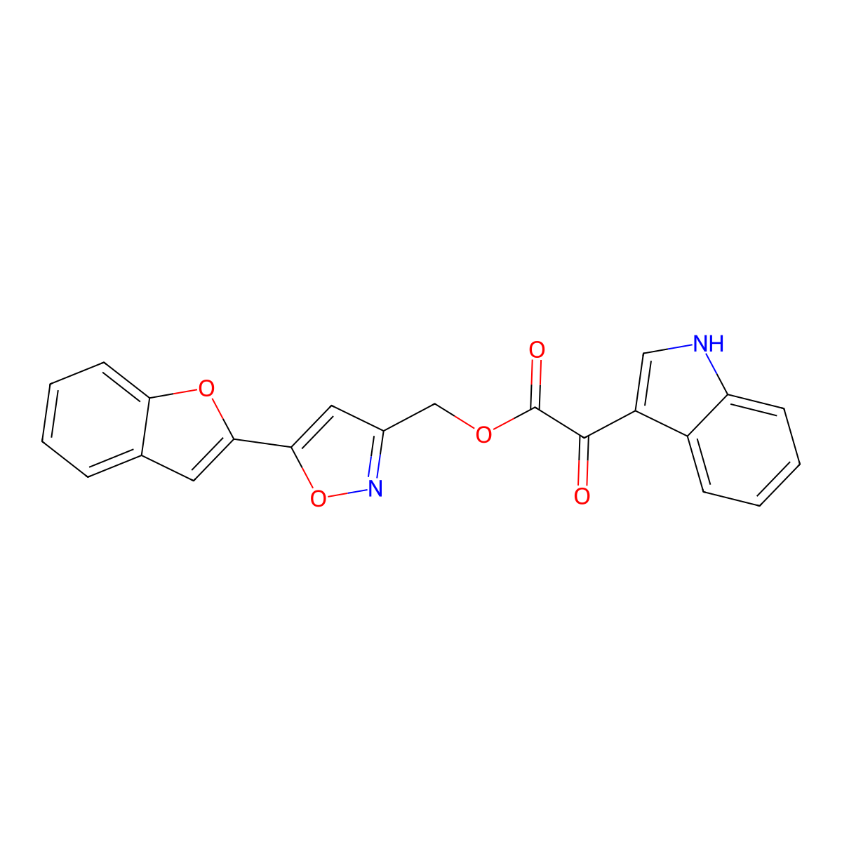(5-(benzofuran-2-yl)isoxazol-3-yl)methyl 2-(1H-indol-3-yl)-2-oxoacetate molecular structure, CAS 1105203-30-2