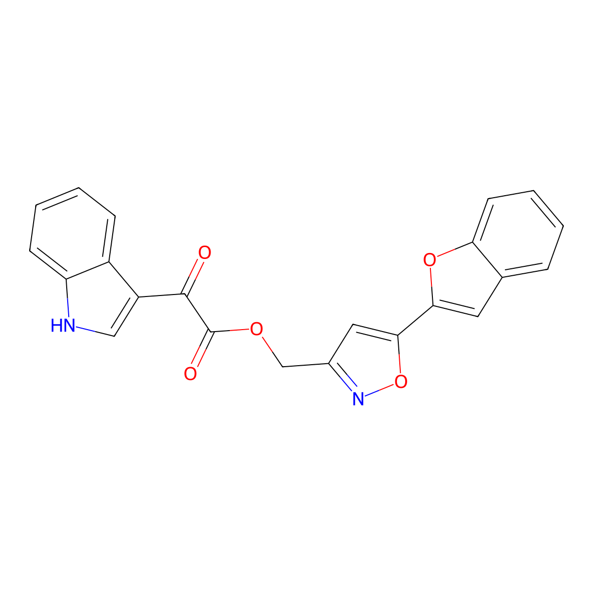 (5-(benzofuran-2-yl)isoxazol-3-yl)methyl 2-(1H-indol-3-yl)-2-oxoacetate molecular structure, CAS 1105203-30-2
