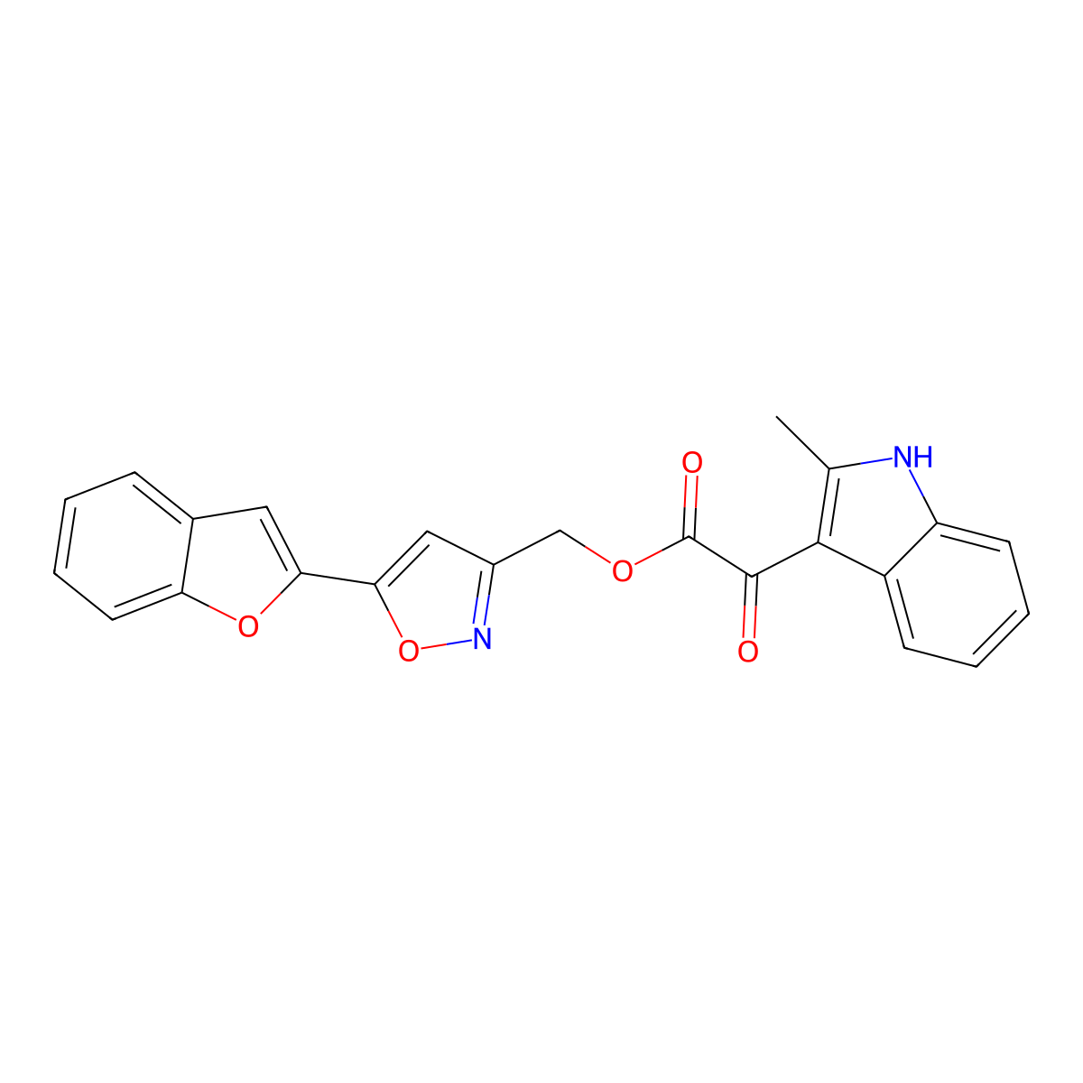 (5-(benzofuran-2-yl)isoxazol-3-yl)methyl 2-(2-methyl-1H-indol-3-yl)-2-oxoacetate molecular structure, CAS 1105203-37-9