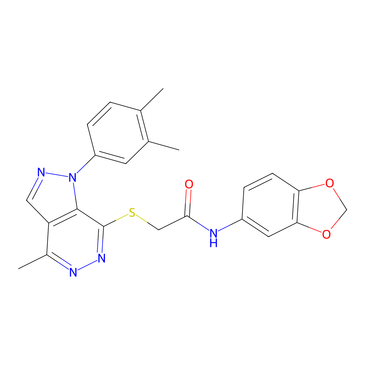 N-(benzo[d][1,3]dioxol-5-yl)-2-((1-(3,4-dimethylphenyl)-4-methyl-1H-pyrazolo[3,4-d]pyridazin-7-yl)thio)acetamide molecular structure, CAS 1105203-38-0