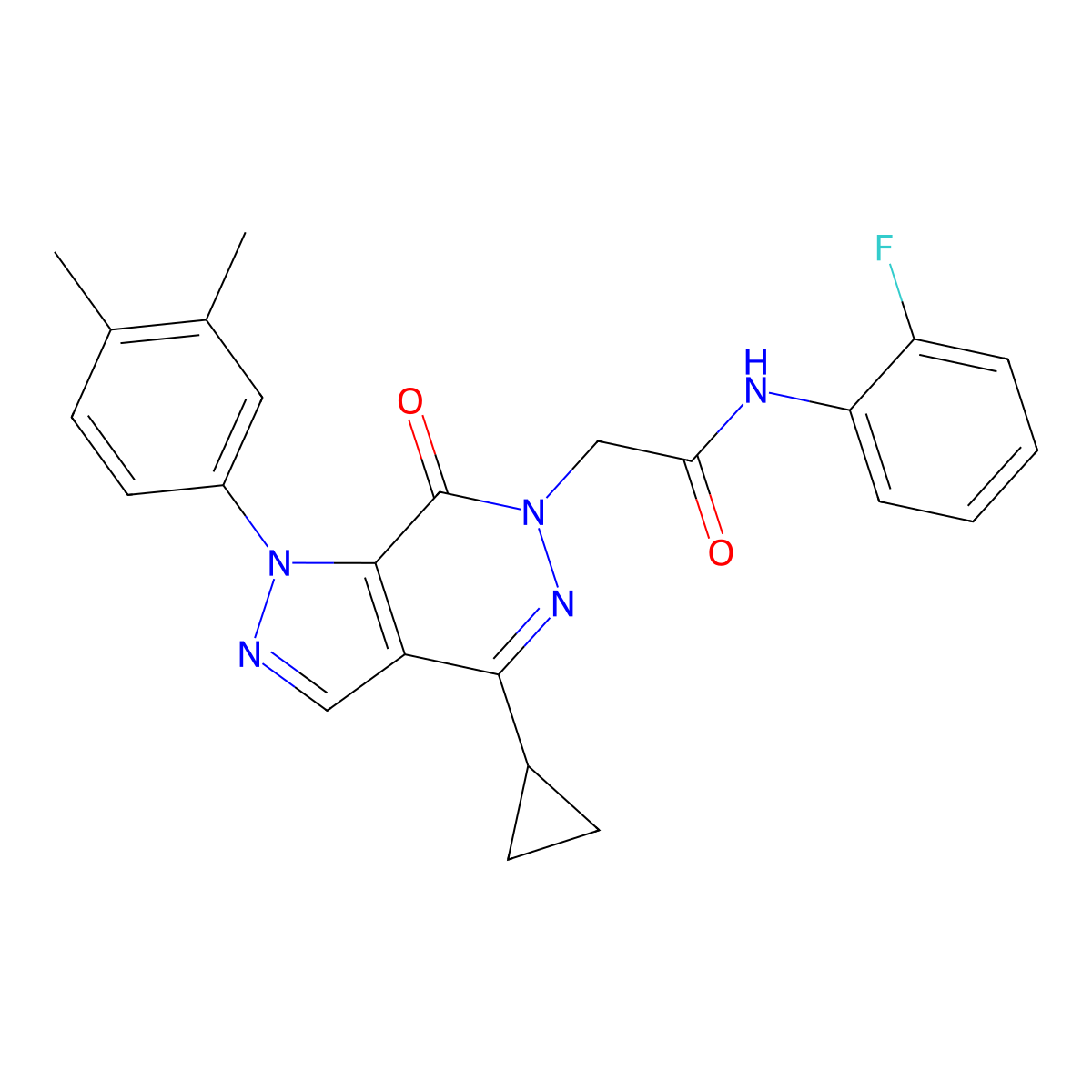 2-(4-cyclopropyl-1-(3,4-dimethylphenyl)-7-oxo-1H-pyrazolo[3,4-d]pyridazin-6(7H)-yl)-N-(2-fluorophenyl)acetamide molecular structure, CAS 1105203-46-0