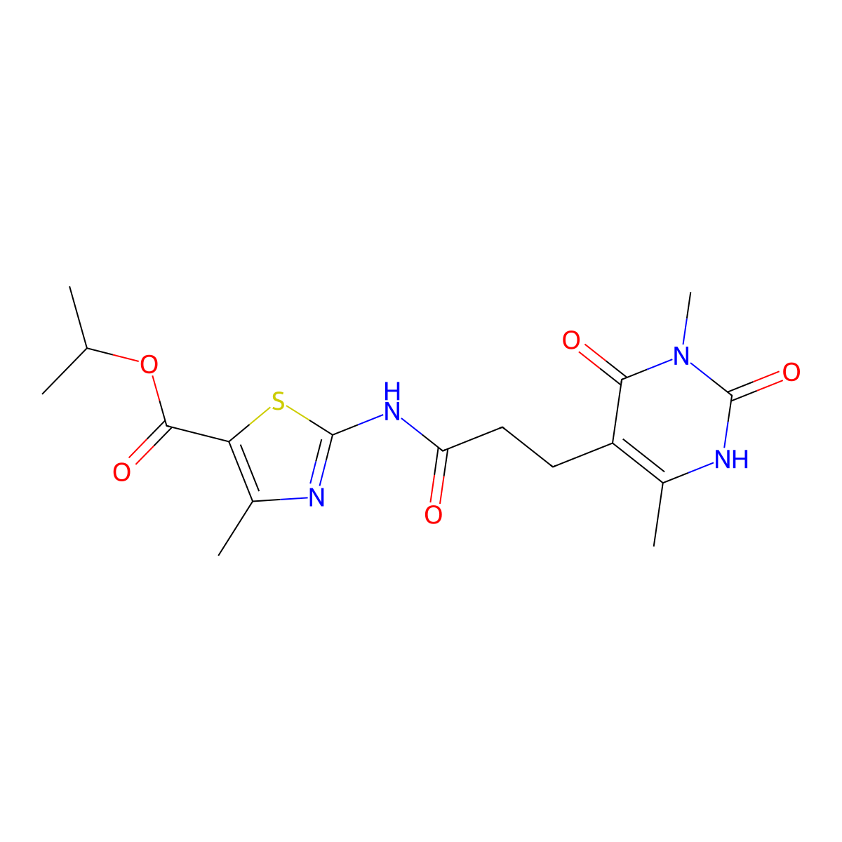 Isopropyl 2-(3-(3,6-dimethyl-2,4-dioxo-1,2,3,4-tetrahydropyrimidin-5-yl)propanamido)-4-methylthiazole-5-carboxylate molecular structure, CAS 1105203-54-0