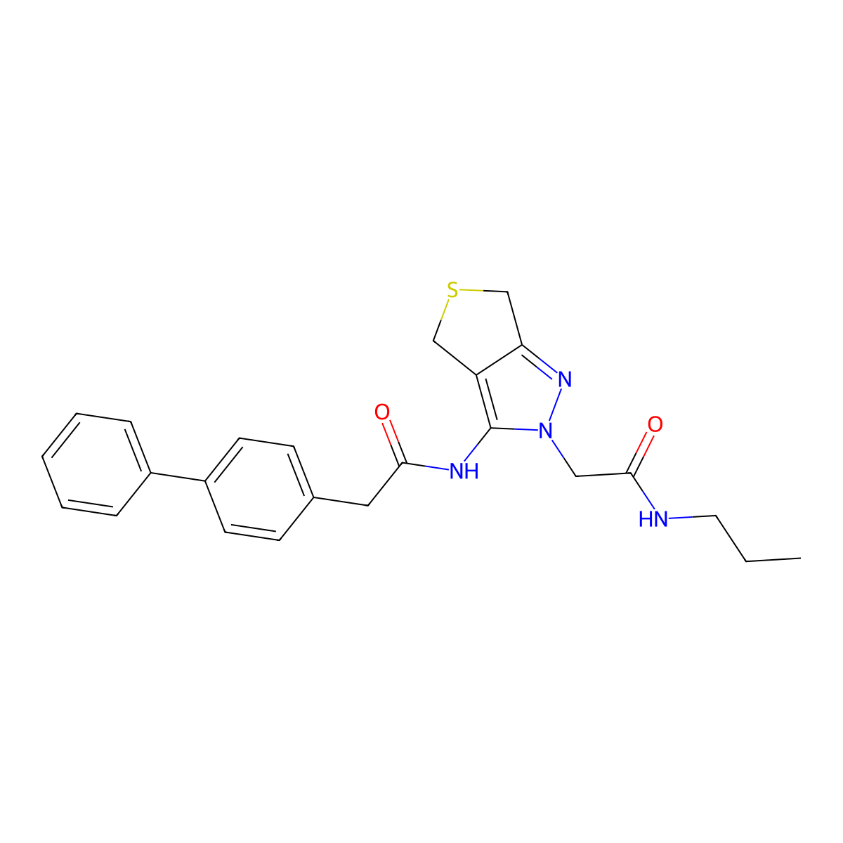 2-([1,1'-biphenyl]-4-yl)-N-(2-(2-oxo-2-(propylamino)ethyl)-4,6-dihydro-2H-thieno[3,4-c]pyrazol-3-yl)acetamide molecular structure, CAS 1105203-64-2