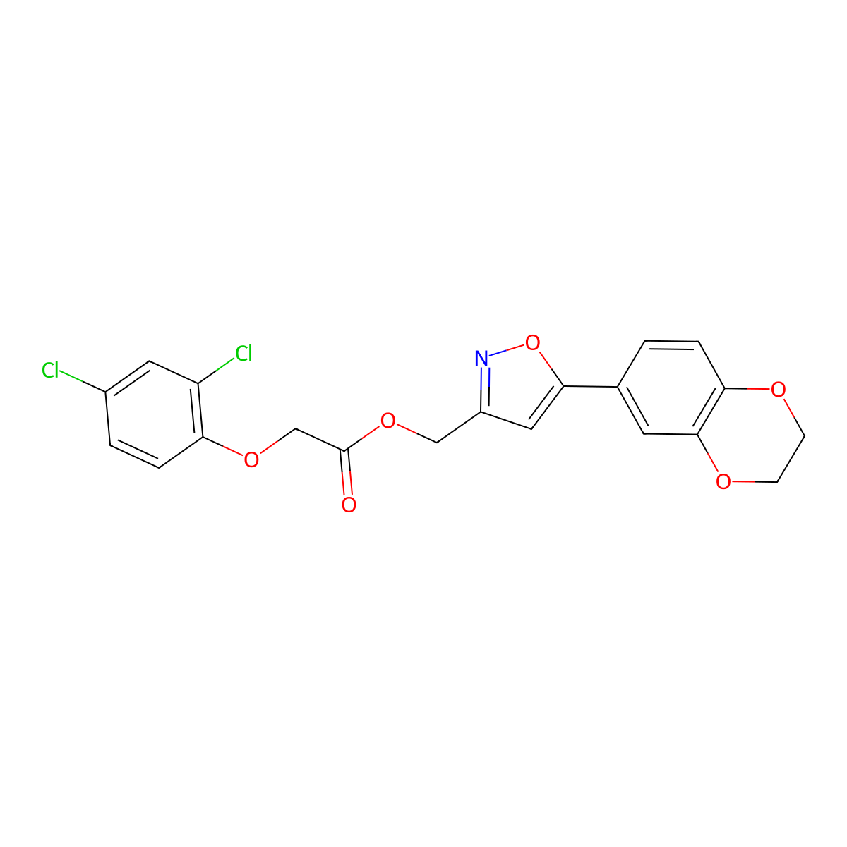 (5-(2,3-Dihydrobenzo[b][1,4]dioxin-6-yl)isoxazol-3-yl)methyl 2-(2,4-dichlorophenoxy)acetate molecular structure, CAS 1105203-65-3