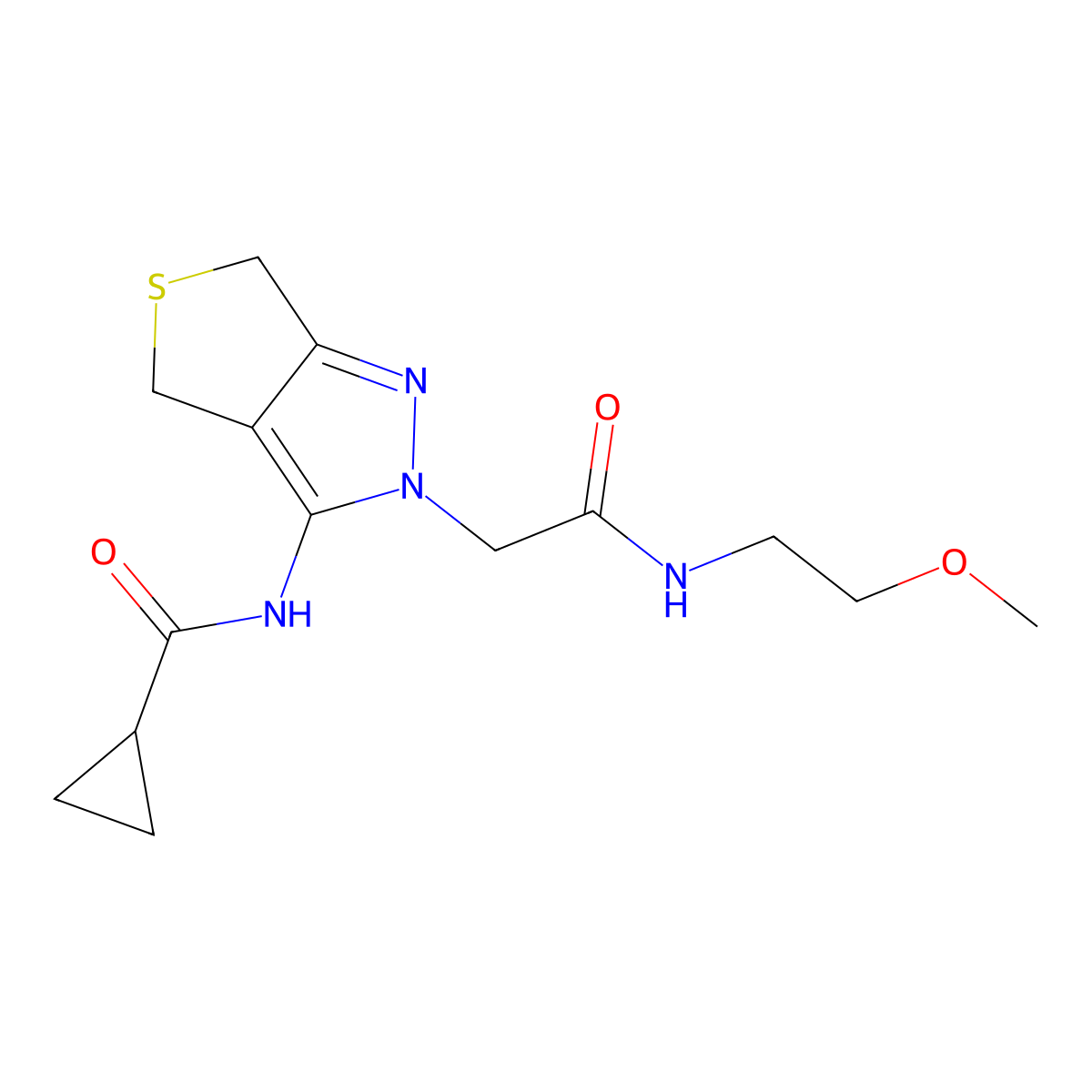 N-(2-(2-((2-methoxyethyl)amino)-2-oxoethyl)-4,6-dihydro-2H-thieno[3,4-c]pyrazol-3-yl)cyclopropanecarboxamide molecular structure, CAS 1105203-76-6