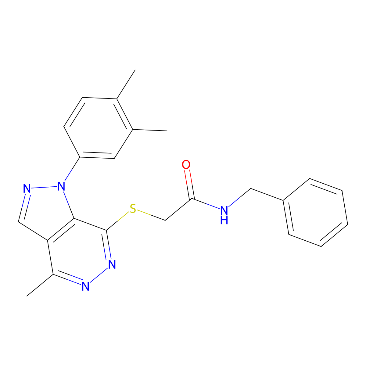 N-benzyl-2-((1-(3,4-dimethylphenyl)-4-methyl-1H-pyrazolo[3,4-d]pyridazin-7-yl)thio)acetamide molecular structure, CAS 1105203-78-8