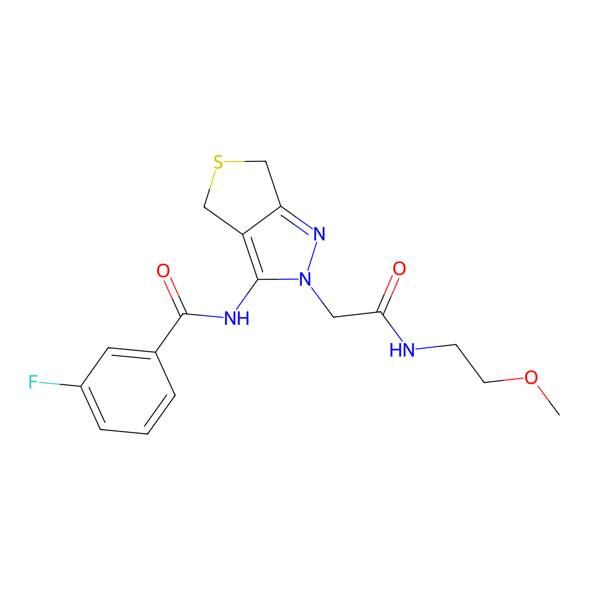 3-fluoro-N-(2-(2-((2-methoxyethyl)amino)-2-oxoethyl)-4,6-dihydro-2H-thieno[3,4-c]pyrazol-3-yl)benzamide molecular structure, CAS 1105203-88-0