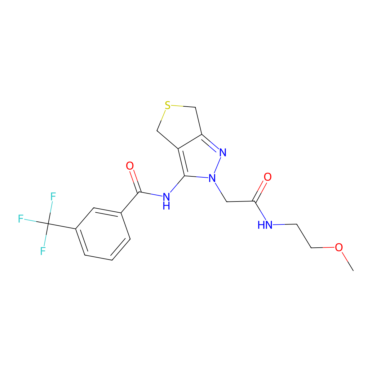 N-(2-(2-((2-methoxyethyl)amino)-2-oxoethyl)-4,6-dihydro-2H-thieno[3,4-c]pyrazol-3-yl)-3-(trifluoromethyl)benzamide molecular structure, CAS 1105203-94-8