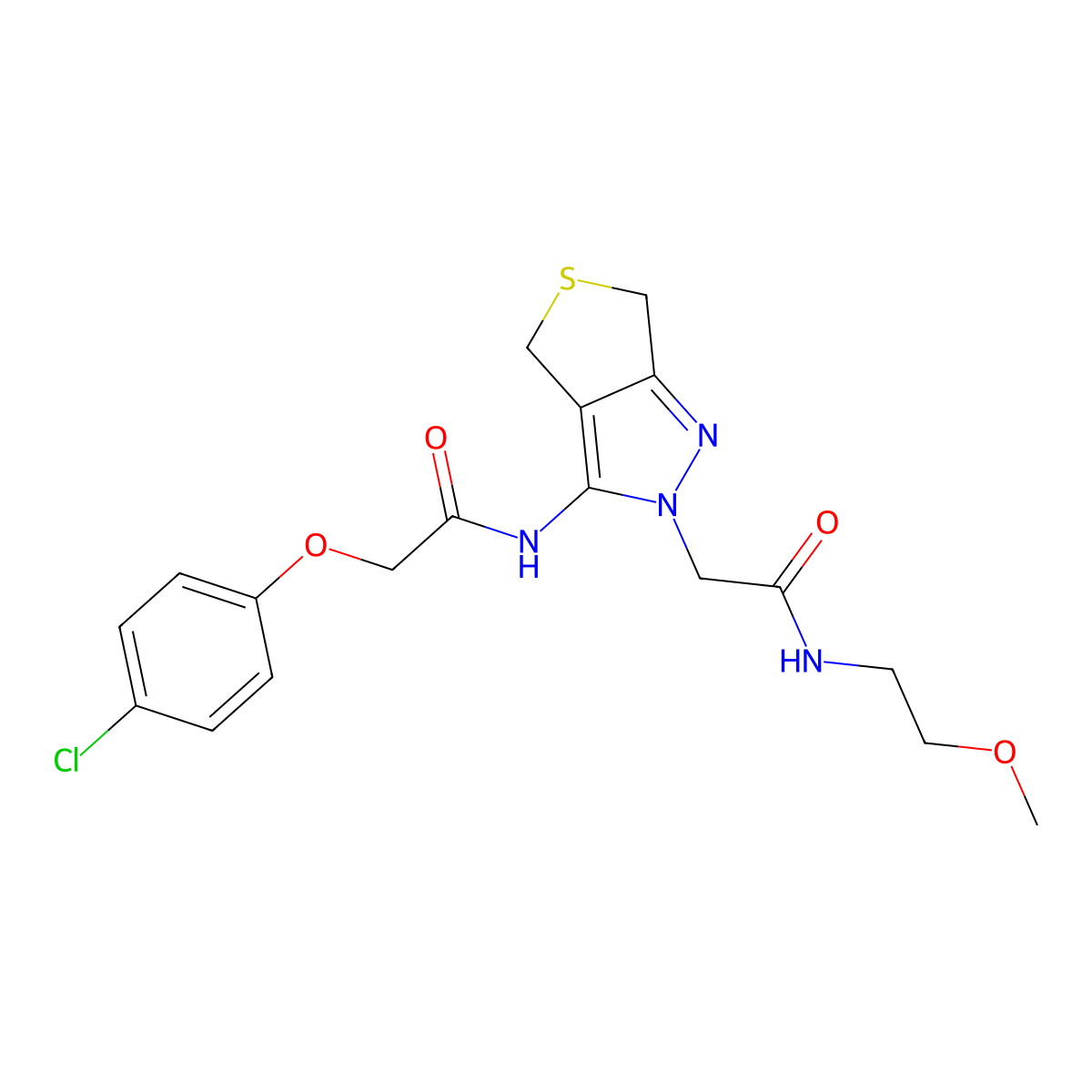 2-(4-chlorophenoxy)-N-(2-(2-((2-methoxyethyl)amino)-2-oxoethyl)-4,6-dihydro-2H-thieno[3,4-c]pyrazol-3-yl)acetamide molecular structure, CAS 1105204-00-9