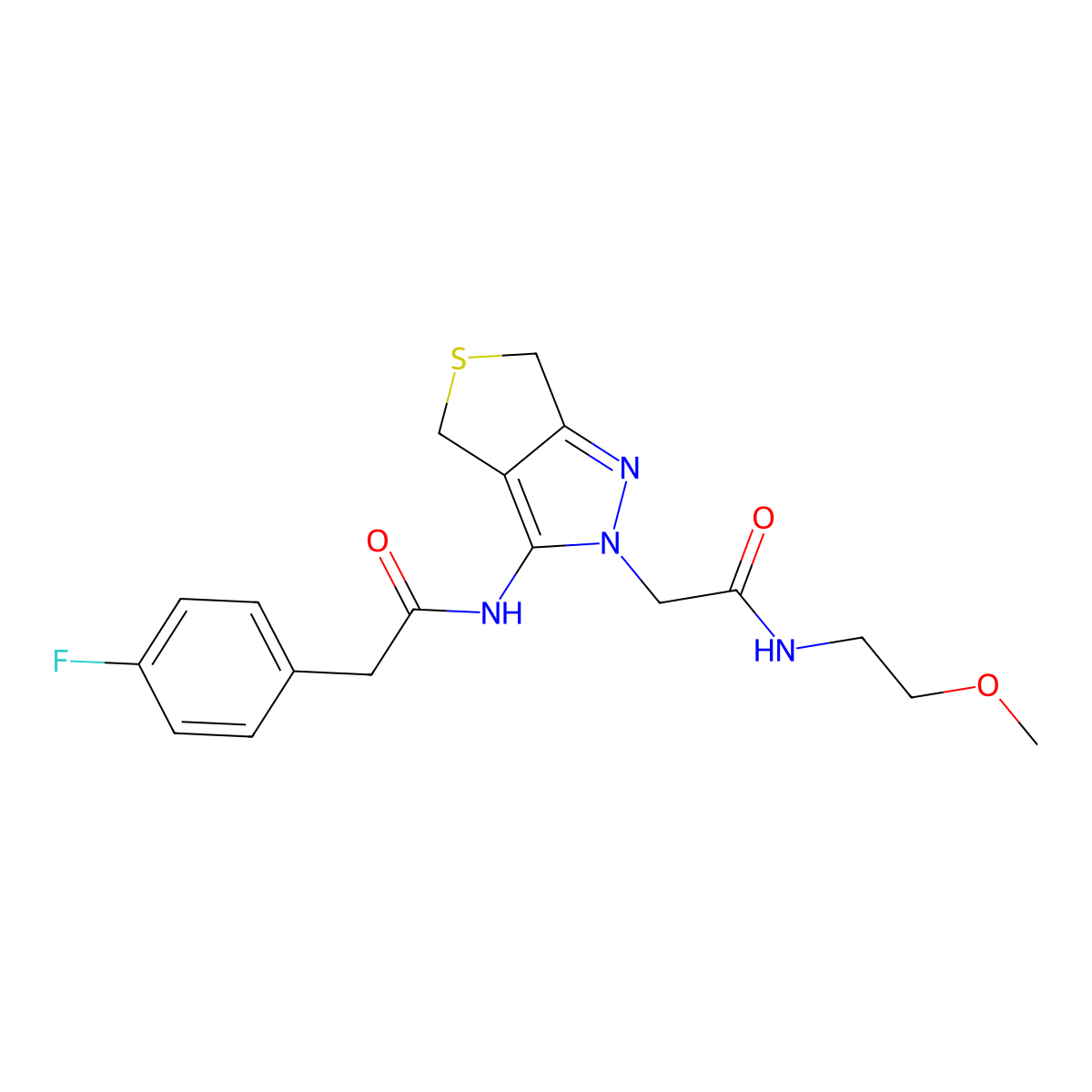 2-(4-fluorophenyl)-N-(2-(2-((2-methoxyethyl)amino)-2-oxoethyl)-4,6-dihydro-2H-thieno[3,4-c]pyrazol-3-yl)acetamide molecular structure, CAS 1105204-06-5