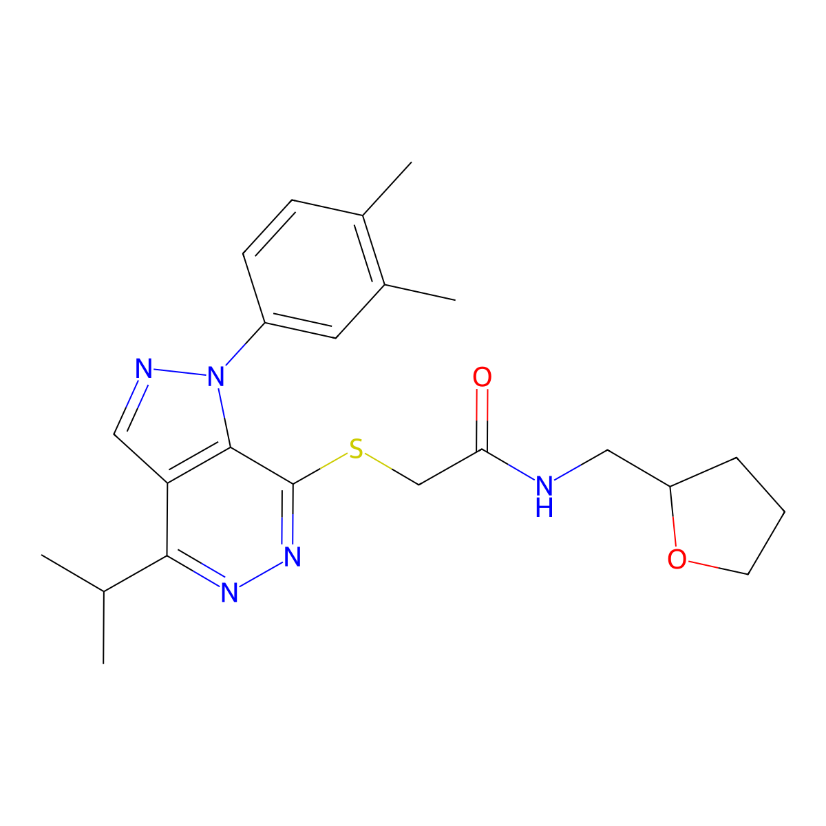 2-((1-(3,4-dimethylphenyl)-4-isopropyl-1H-pyrazolo[3,4-d]pyridazin-7-yl)thio)-N-((tetrahydrofuran-2-yl)methyl)acetamide molecular structure, CAS 1105204-08-7