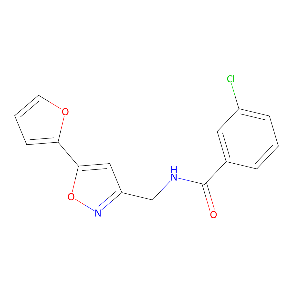 3-chloro-N-((5-(furan-2-yl)isoxazol-3-yl)methyl)benzamide molecular structure, CAS 1105204-16-7