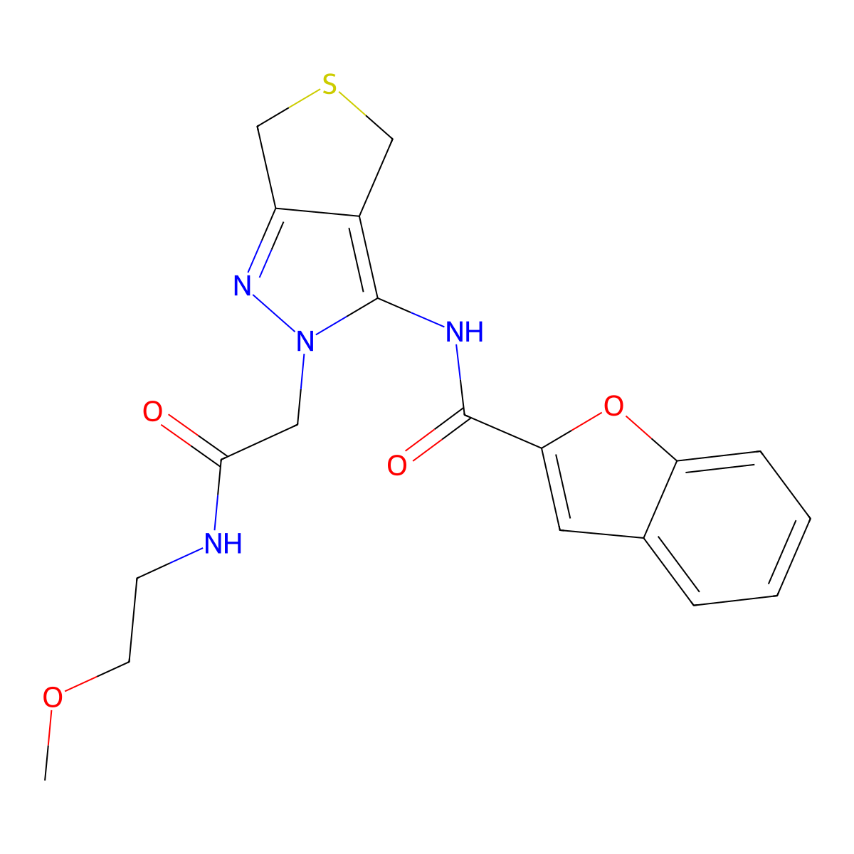 N-(2-(2-((2-methoxyethyl)amino)-2-oxoethyl)-4,6-dihydro-2H-thieno[3,4-c]pyrazol-3-yl)benzofuran-2-carboxamide molecular structure, CAS 1105204-24-7