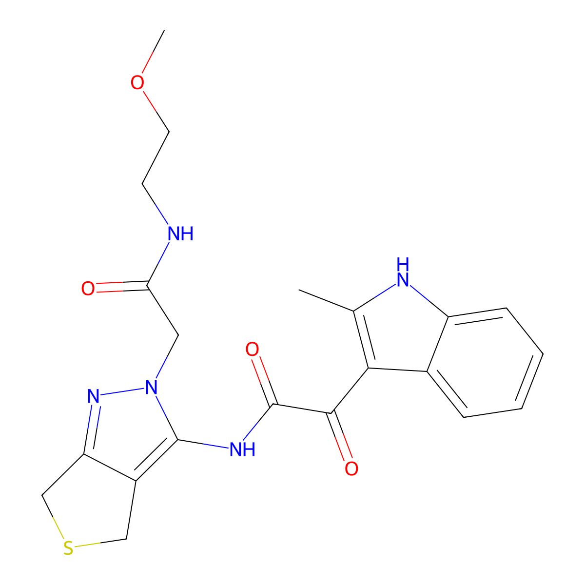 N-(2-(2-((2-methoxyethyl)amino)-2-oxoethyl)-4,6-dihydro-2H-thieno[3,4-c]pyrazol-3-yl)-2-(2-methyl-1H-indol-3-yl)-2-oxoacetamide molecular structure, CAS 1105204-30-5