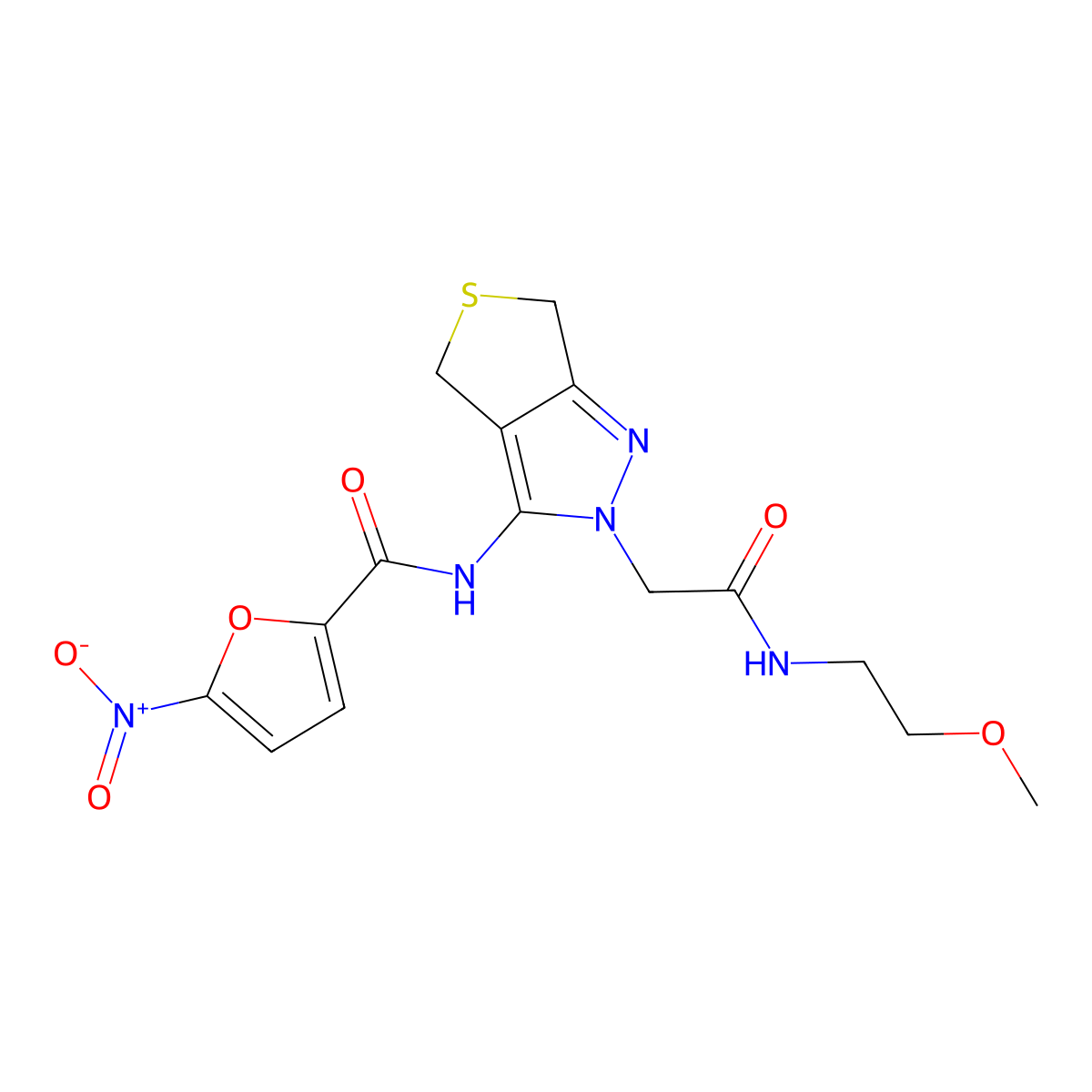 N-(2-(2-((2-methoxyethyl)amino)-2-oxoethyl)-4,6-dihydro-2H-thieno[3,4-c]pyrazol-3-yl)-5-nitrofuran-2-carboxamide molecular structure, CAS 1105204-36-1
