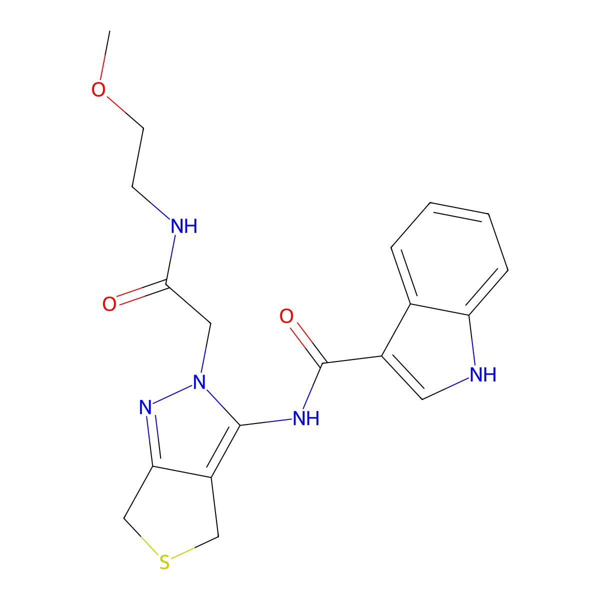 N-(2-(2-((2-methoxyethyl)amino)-2-oxoethyl)-4,6-dihydro-2H-thieno[3,4-c]pyrazol-3-yl)-1H-indole-3-carboxamide molecular structure, CAS 1105204-42-9