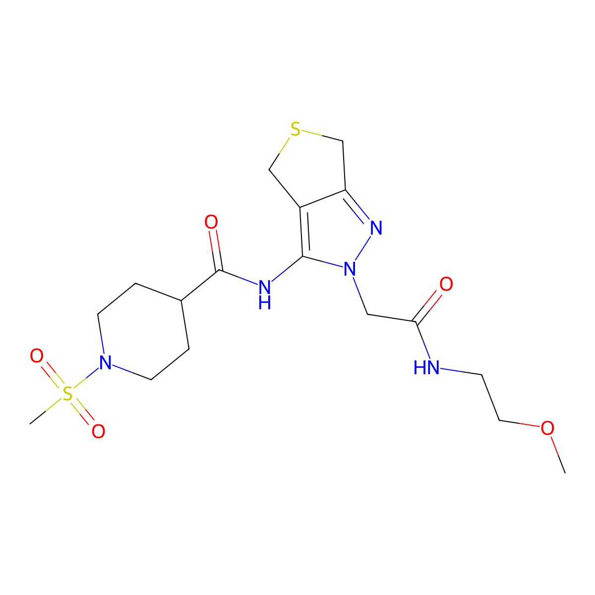 N-(2-(2-((2-methoxyethyl)amino)-2-oxoethyl)-4,6-dihydro-2H-thieno[3,4-c]pyrazol-3-yl)-1-(methylsulfonyl)piperidine-4-carboxamide molecular structure, CAS 1105204-48-5