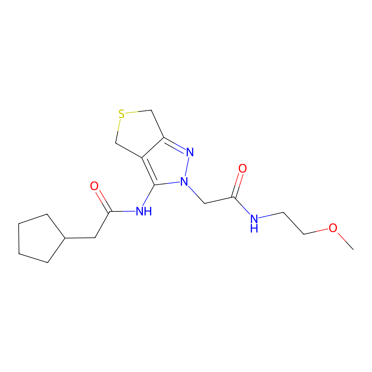 2-cyclopentyl-N-(2-(2-((2-methoxyethyl)amino)-2-oxoethyl)-4,6-dihydro-2H-thieno[3,4-c]pyrazol-3-yl)acetamide molecular structure, CAS 1105204-60-1