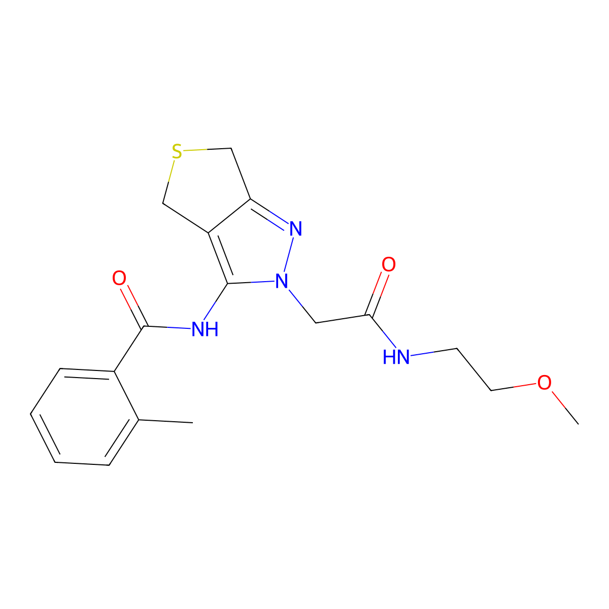 N-(2-(2-((2-methoxyethyl)amino)-2-oxoethyl)-4,6-dihydro-2H-thieno[3,4-c]pyrazol-3-yl)-2-methylbenzamide molecular structure, CAS 1105204-66-7