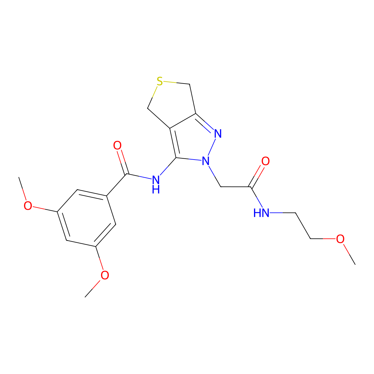 3,5-dimethoxy-N-(2-(2-((2-methoxyethyl)amino)-2-oxoethyl)-4,6-dihydro-2H-thieno[3,4-c]pyrazol-3-yl)benzamide molecular structure, CAS 1105204-78-1