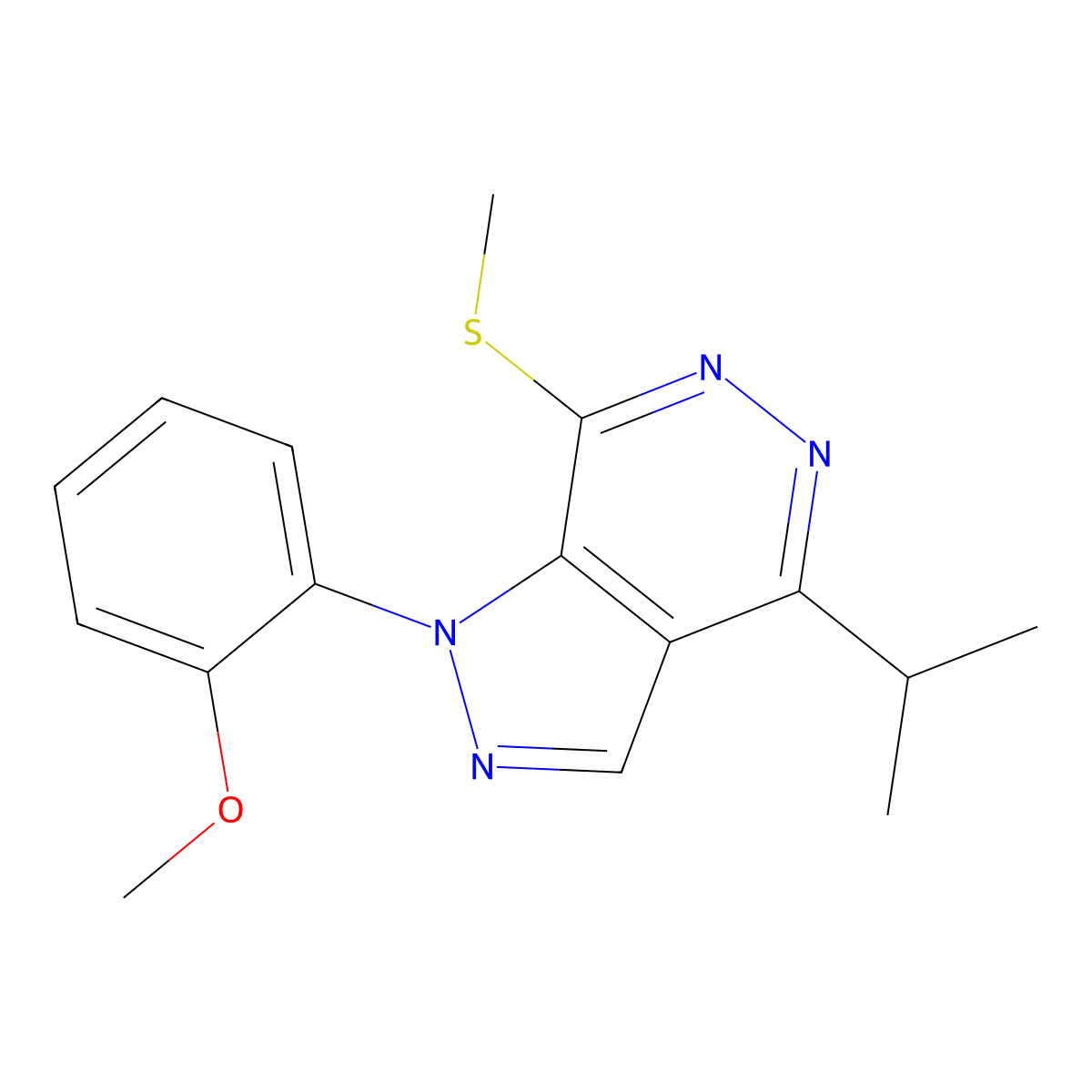 4-isopropyl-1-(2-methoxyphenyl)-7-(methylthio)-1H-pyrazolo[3,4-d]pyridazine molecular structure, CAS 1105204-83-8