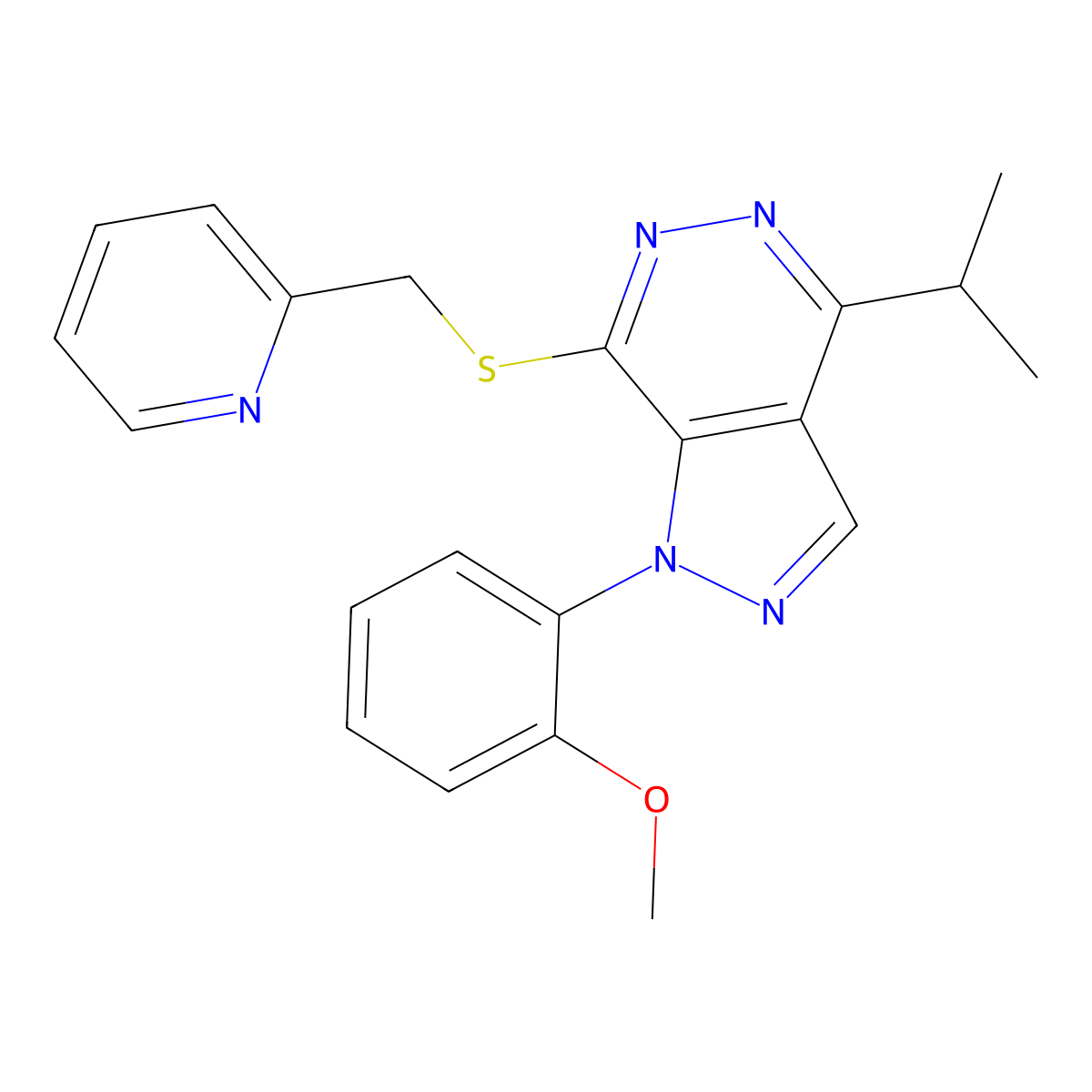 4-isopropyl-1-(2-methoxyphenyl)-7-((pyridin-2-ylmethyl)thio)-1H-pyrazolo[3,4-d]pyridazine molecular structure, CAS 1105204-94-1