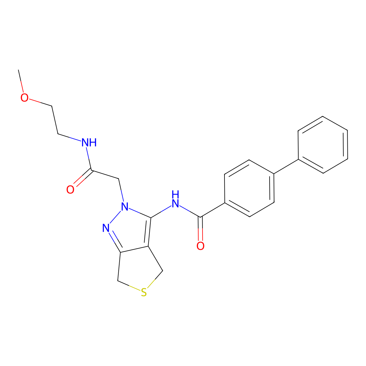N-(2-(2-((2-methoxyethyl)amino)-2-oxoethyl)-4,6-dihydro-2H-thieno[3,4-c]pyrazol-3-yl)-[1,1'-biphenyl]-4-carboxamide molecular structure, CAS 1105204-96-3