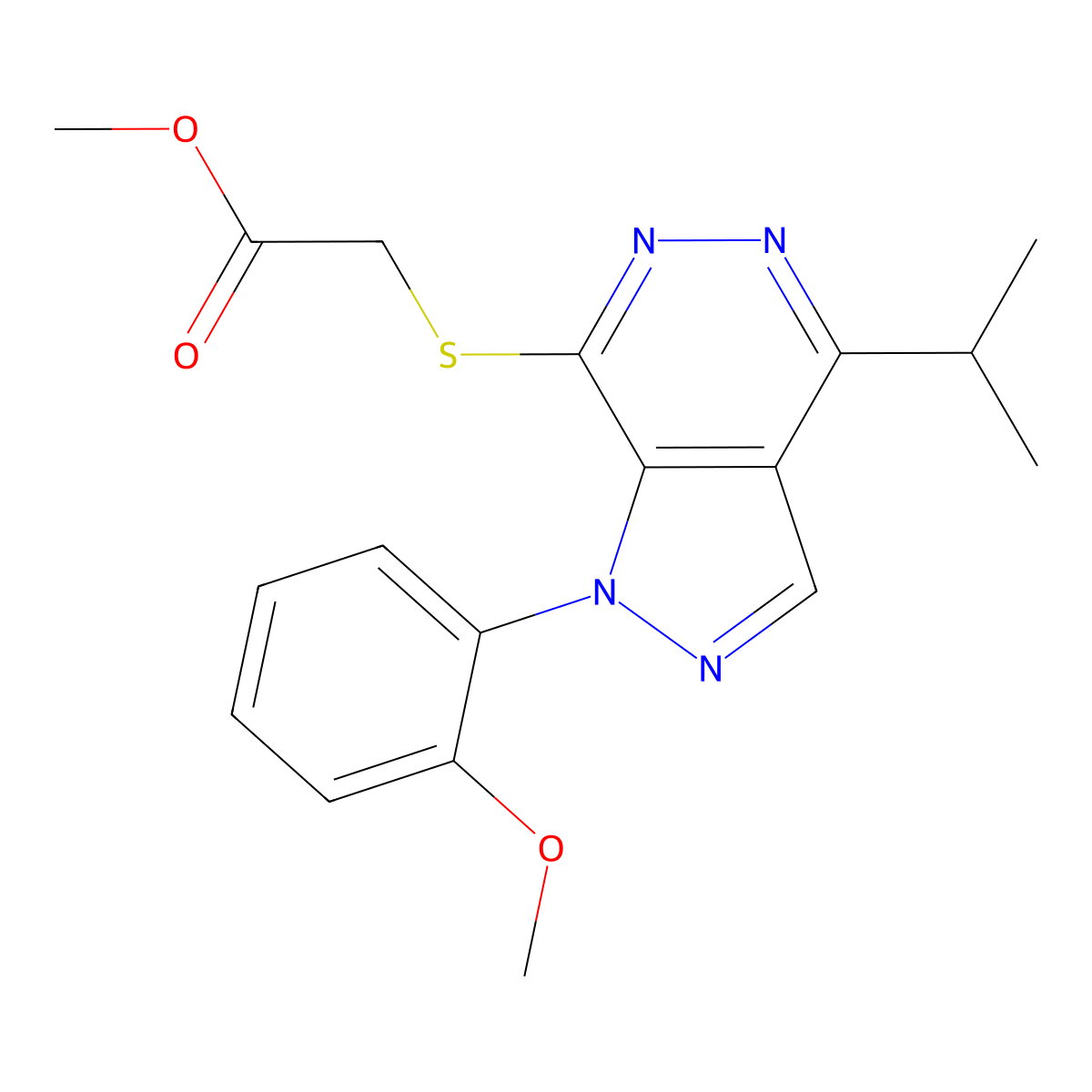 methyl 2-((4-isopropyl-1-(2-methoxyphenyl)-1H-pyrazolo[3,4-d]pyridazin-7-yl)thio)acetate molecular structure, CAS 1105205-01-3